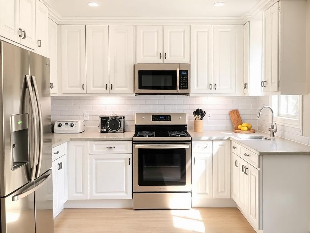 Illustrative example of the same kitchen after cabinet painting, with smooth warm white painted cabinets