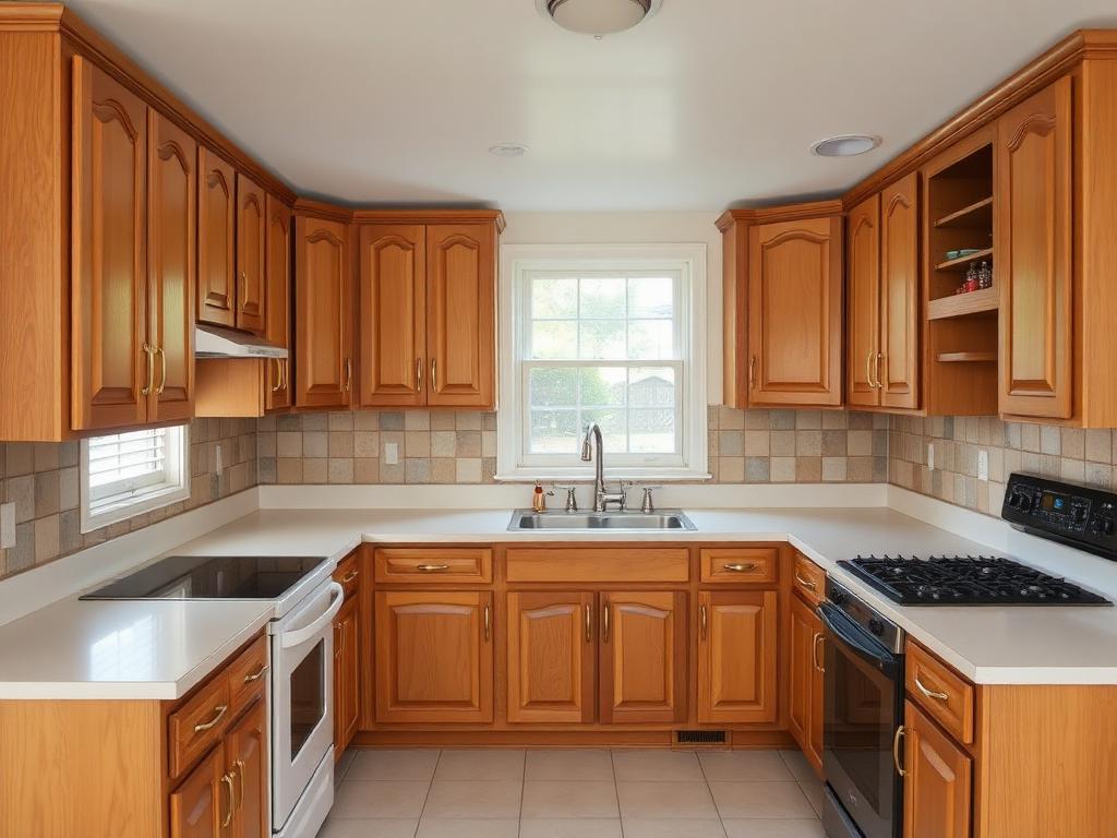 Illustrative example of a kitchen before cabinet painting, with dated orange oak cabinet doors