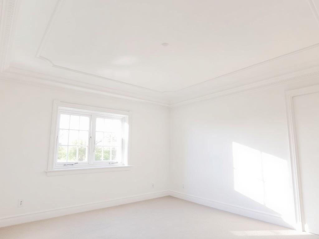 Illustrative example of the same bedroom after ceiling painting, with a bright flat white ceiling and freshly painted trim