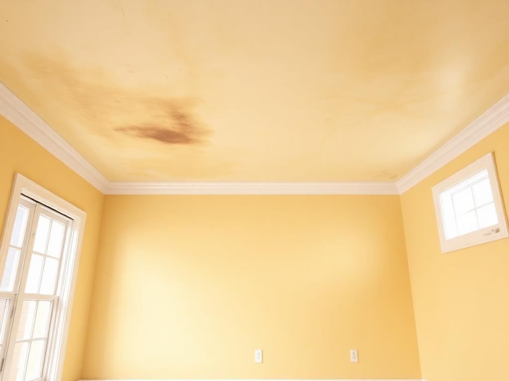 Illustrative example of a bedroom before ceiling painting, with a yellowed water-stained ceiling