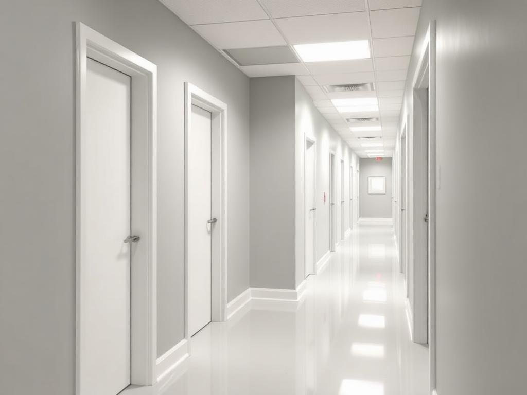 Illustrative example of the same office corridor after commercial painting, with even light grey walls and white door frames