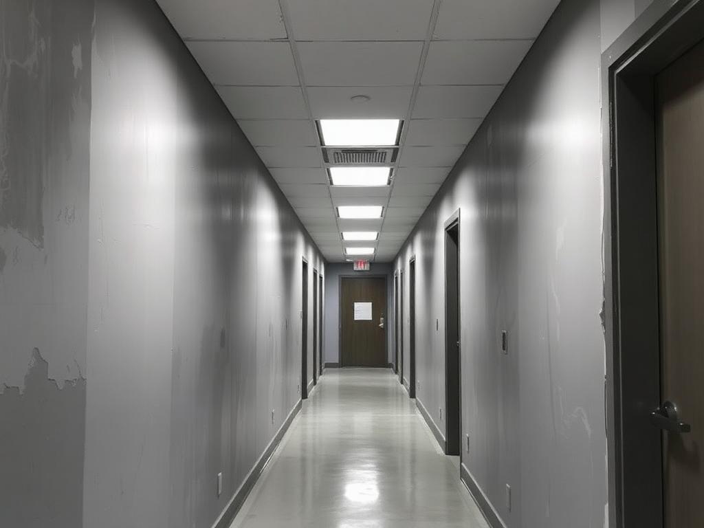Illustrative example of an office corridor before commercial painting, with scuffed dingy grey walls and patched drywall