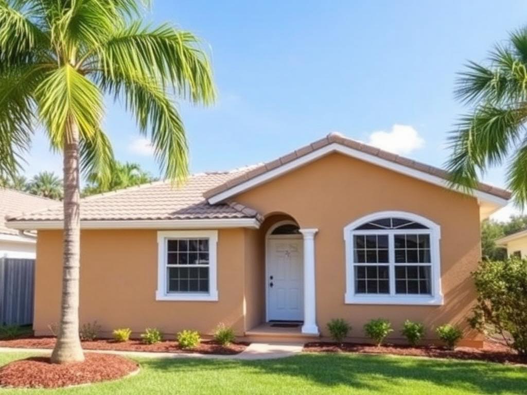 Illustrative example of the same Florida stucco house after exterior painting, with fresh sand-colored walls and white trim