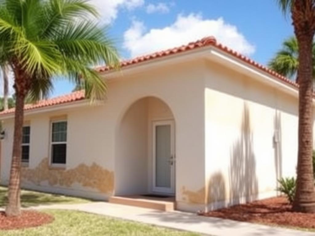 Illustrative example of a Florida stucco house before exterior painting, with chalky sun-faded and stained walls