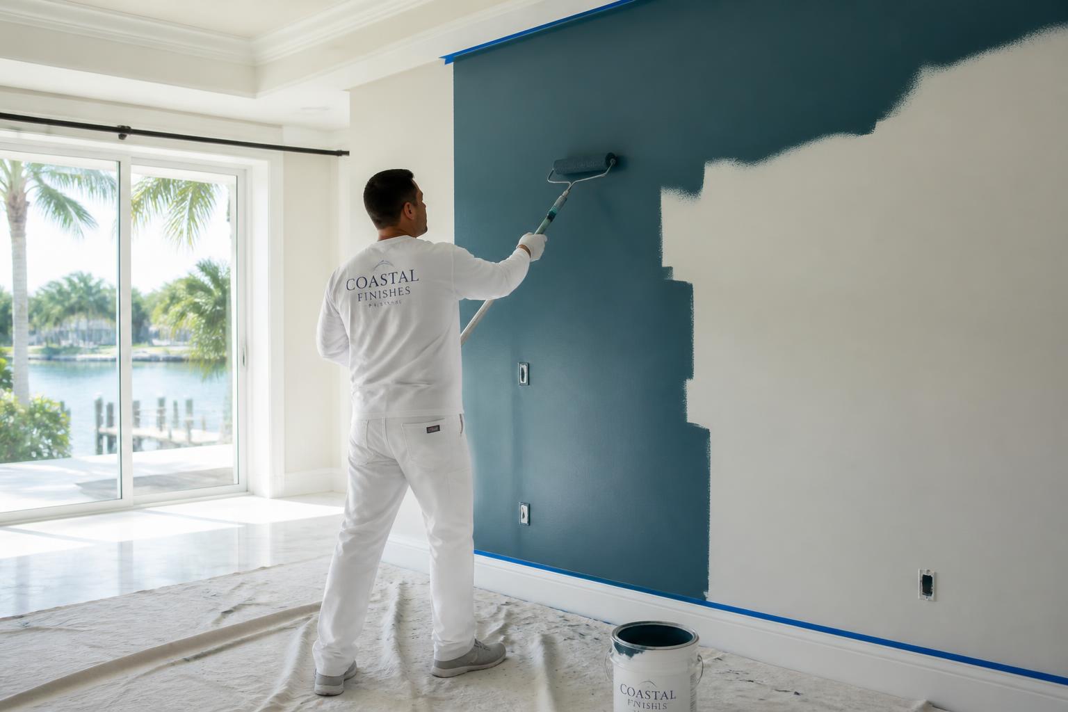 Painter rolling deep teal paint onto a prepared interior wall with taped trim and covered floors in a bright South Florida home
