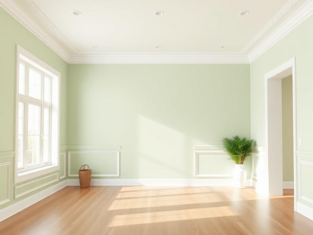 Illustrative example of the same living room after interior painting, with sage green walls and freshly painted white trim