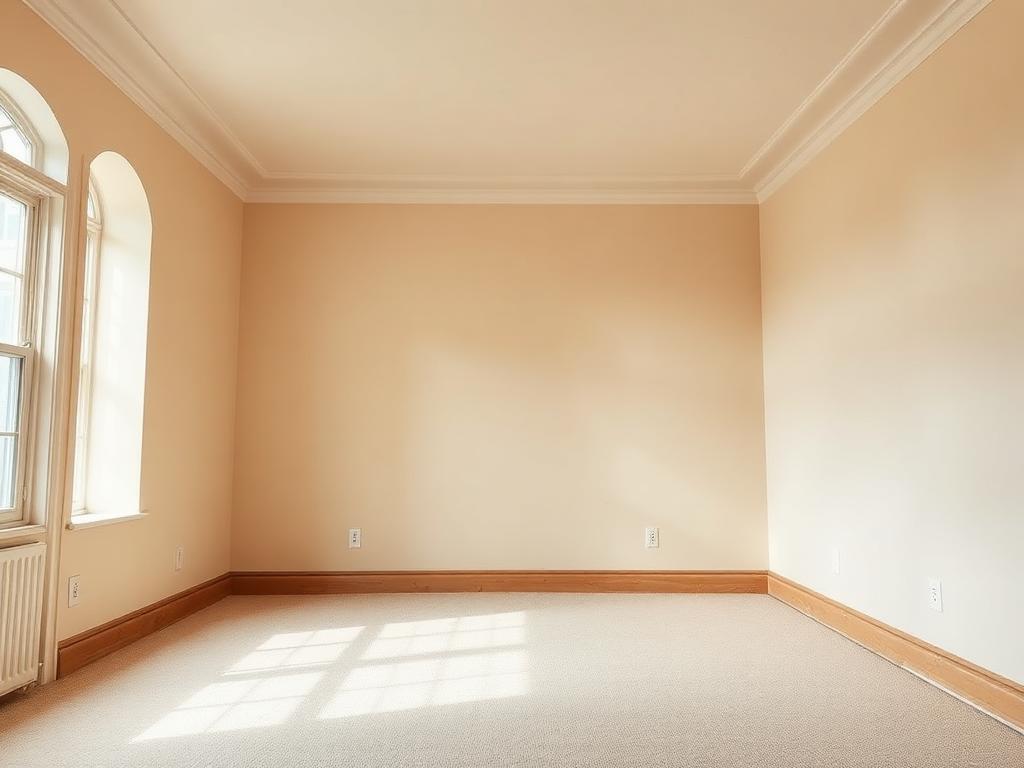 Illustrative example of a living room before interior painting, with faded beige walls and scuffed baseboards